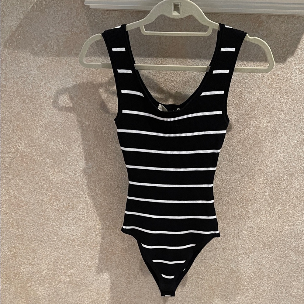 Black & White Striped Ribbed Bodysuit - Women